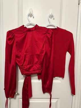 2/15$ SHEIN Red Satin Tie-Back Camisole & Knit Top Set